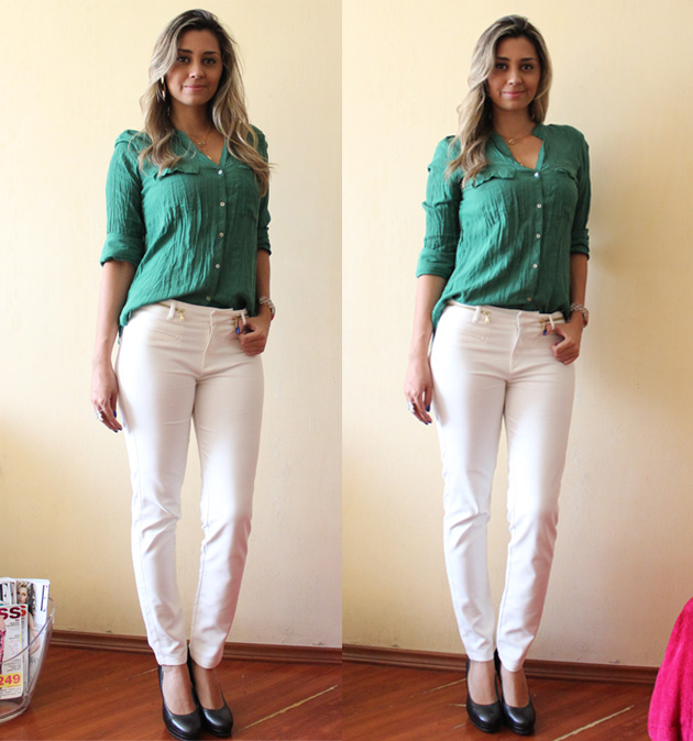 calça branca com blusa verde