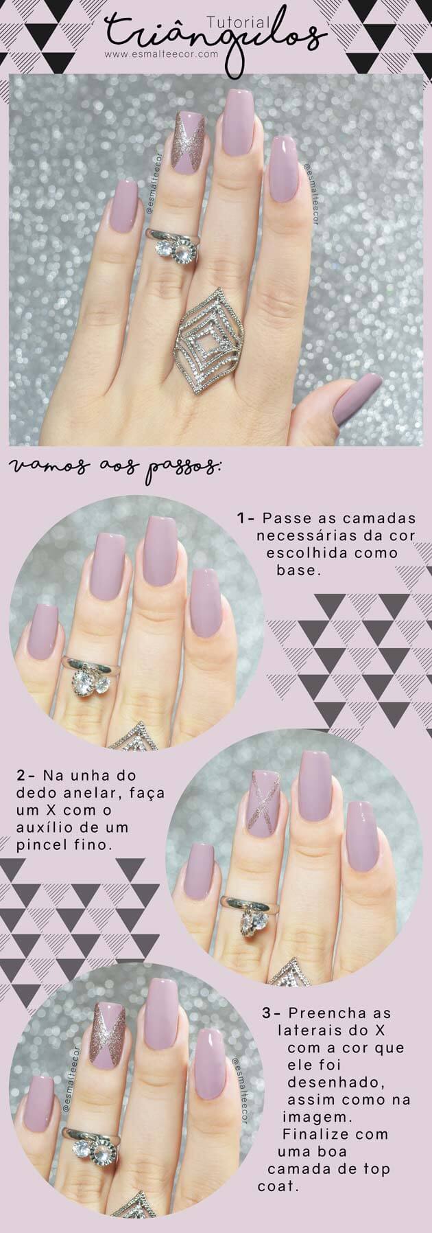 Unhas Decoradas Triângulos passo a passo de nail art com esmalte lilás