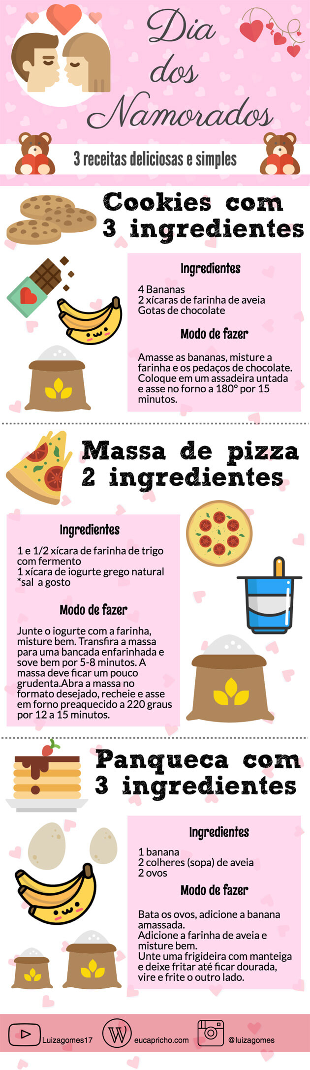 Receitas fáceis para o Dia dos Namorados eucapricho luiza gomes cookie 3 ingredientes panqueca 3 ingredientes massa de pizza 2 ingredientes